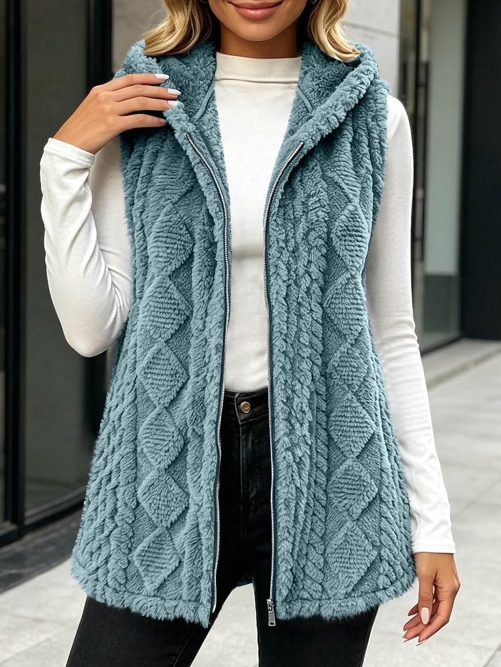 Cozy Hooded Cable-Knit Sherpa Vest - Blue
